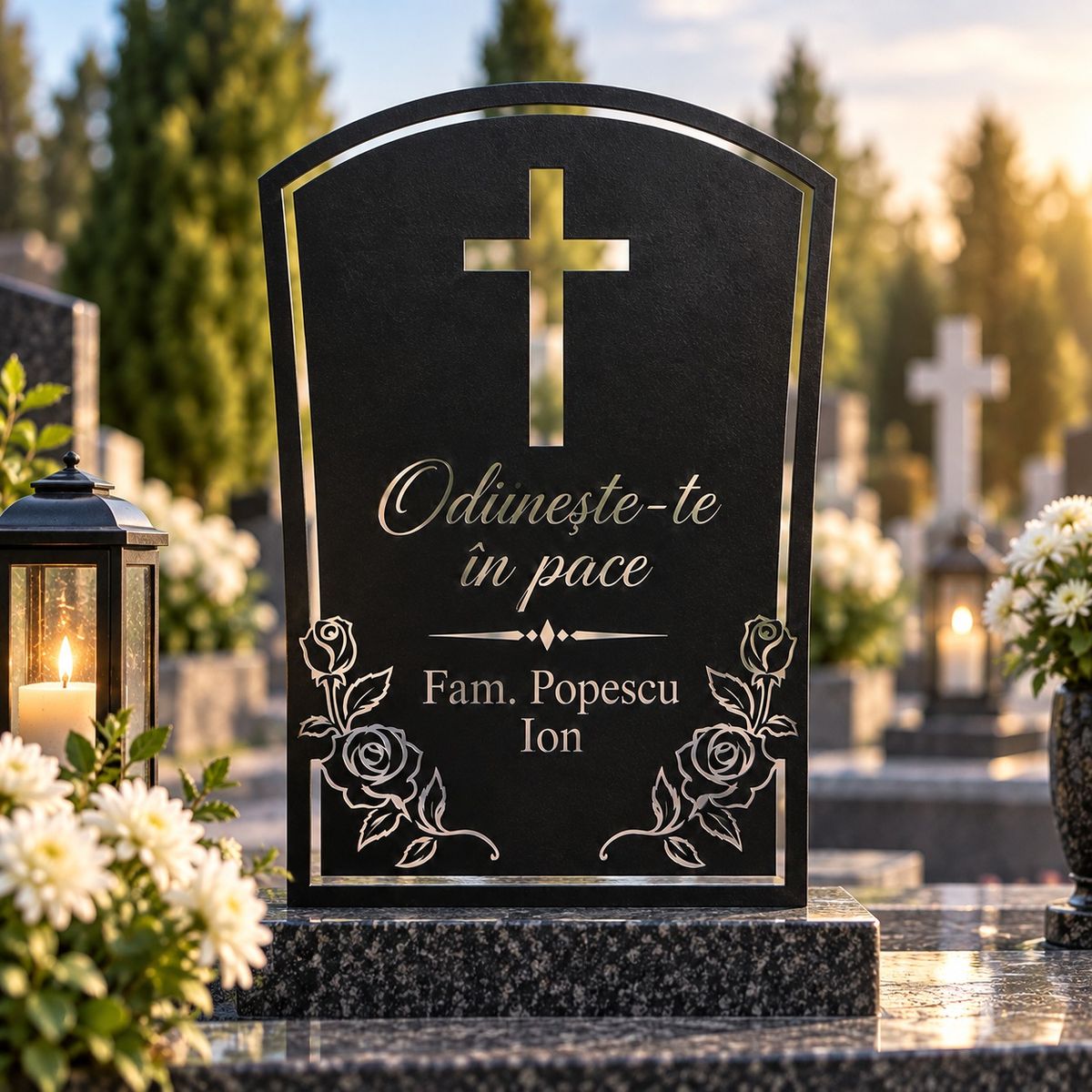 Monument funerar metalic — Placa „Odihnește-te în pace”